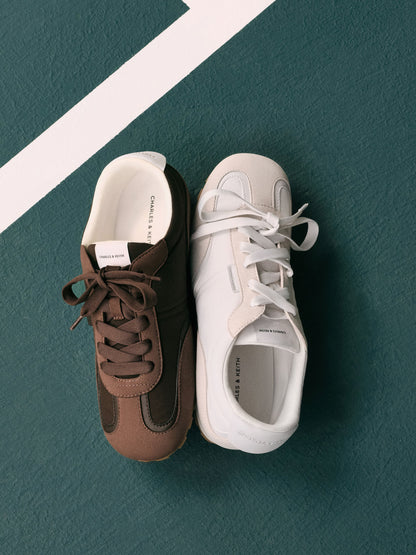 Nylon Contrast-Panel Sneakers - Dark Brown Textured | CHARLES & KEITH