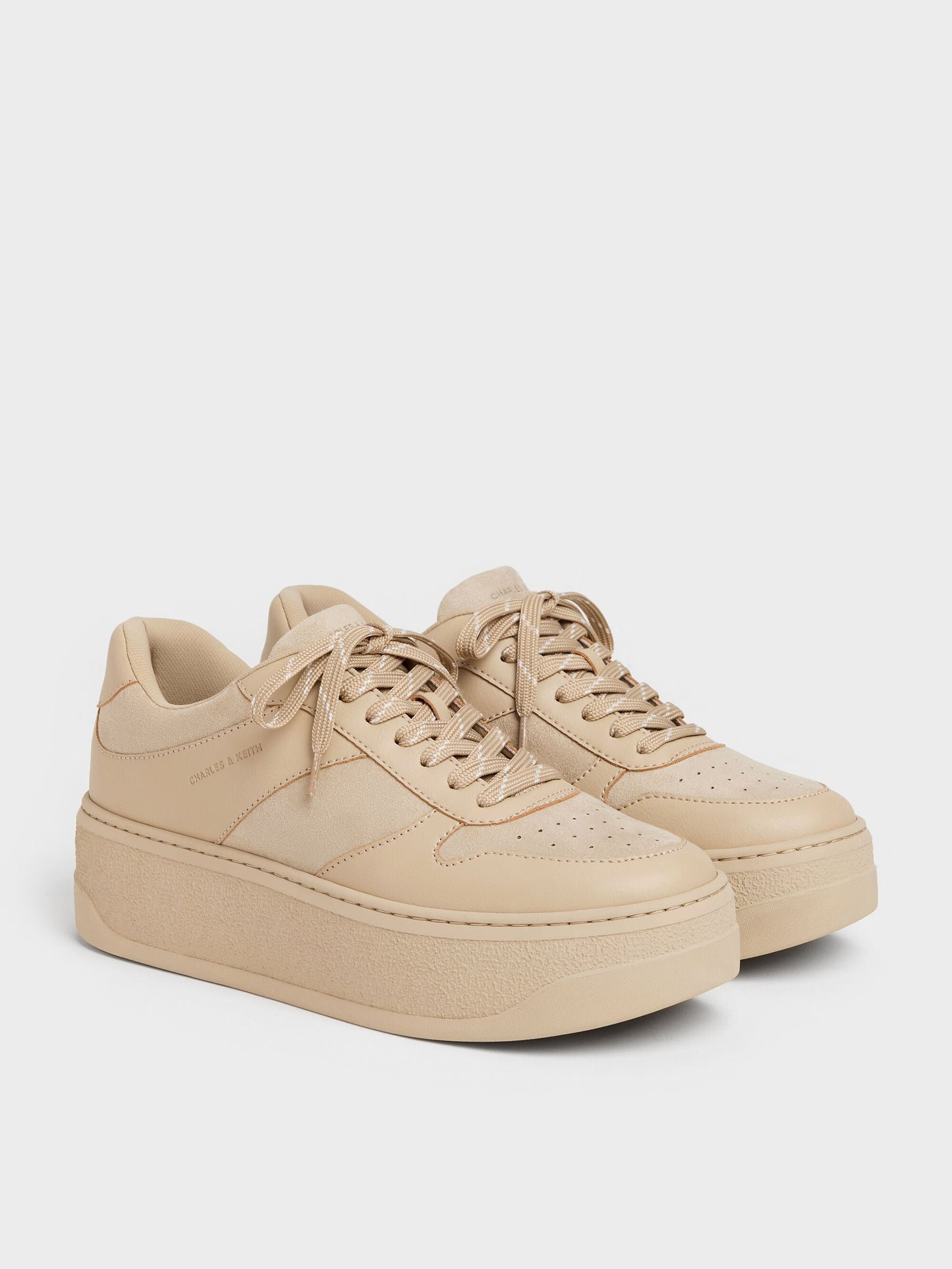 Faux Suede Platform Sneakers - Beige | CHARLES & KEITH