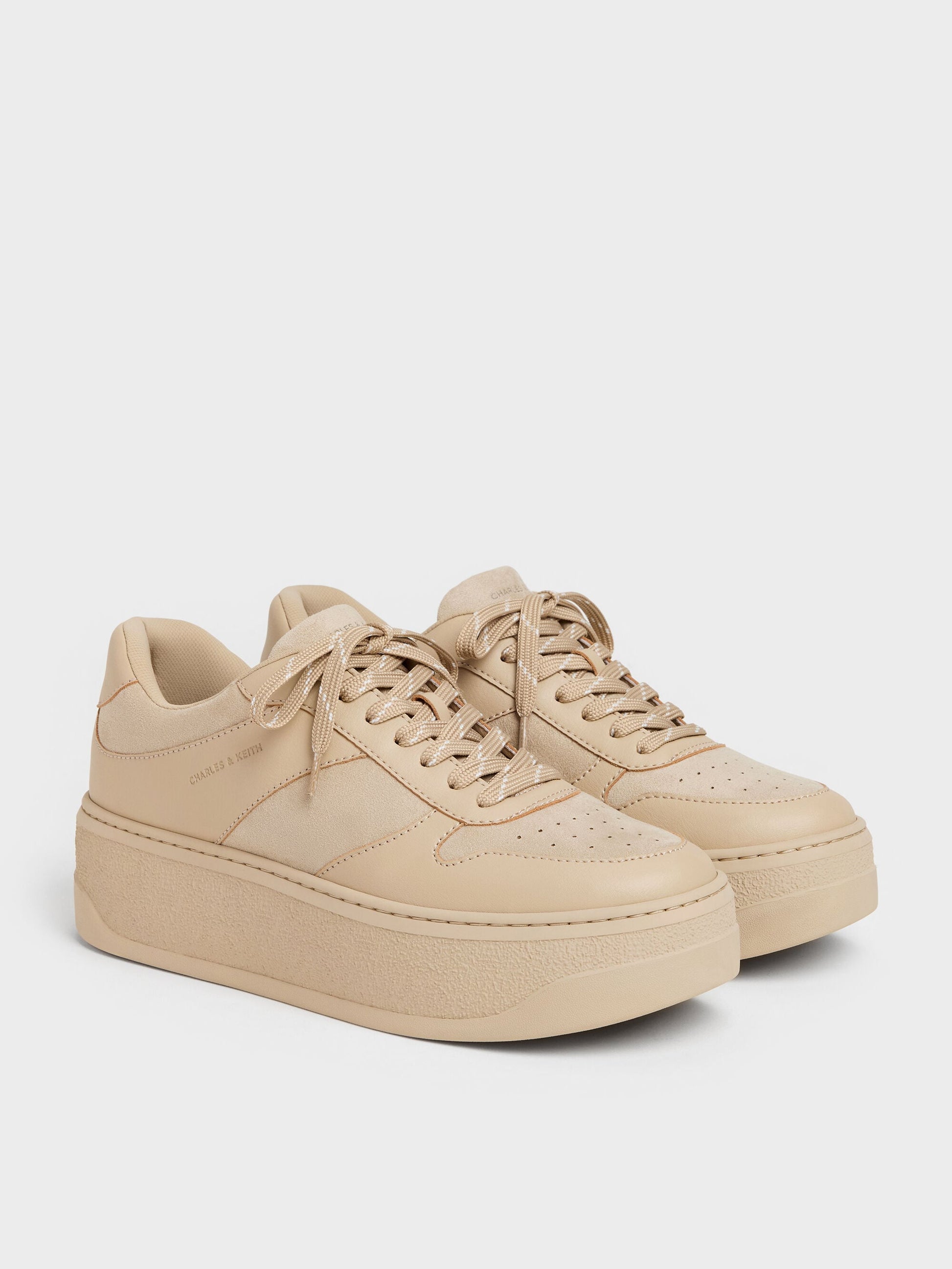 Faux Suede Platform Sneakers - Beige | CHARLES & KEITH