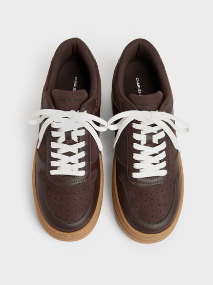Faux Suede Platform Sneakers - Dark Brown Textured | CHARLES & KEITH