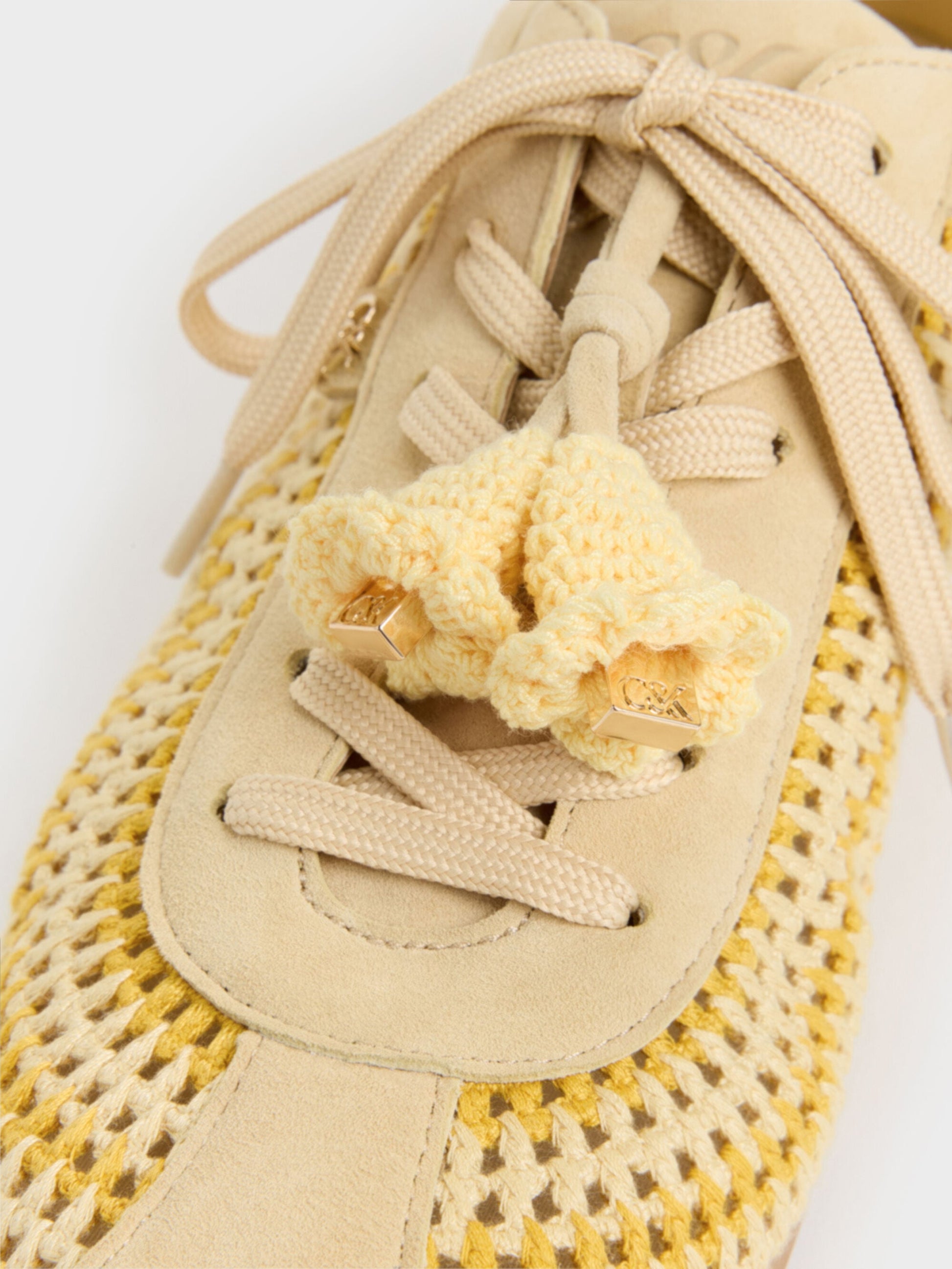 Jace Crochet & Suede Flower Sneakers - Yellow | CHARLES & KEITH