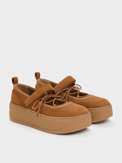 Faux Suede Mary Jane Platform Sneakers - Cognac | CHARLES & KEITH