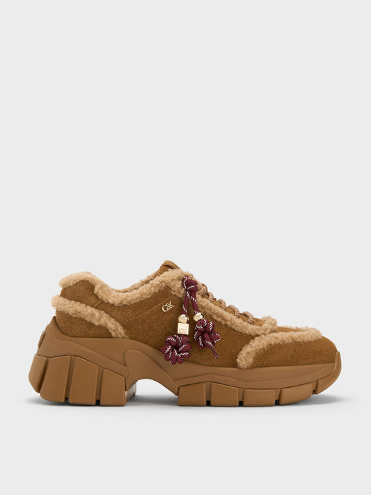 Yunna Suede & Faux Shearling Chunky Sneakers - Brown | CHARLES & KEITH