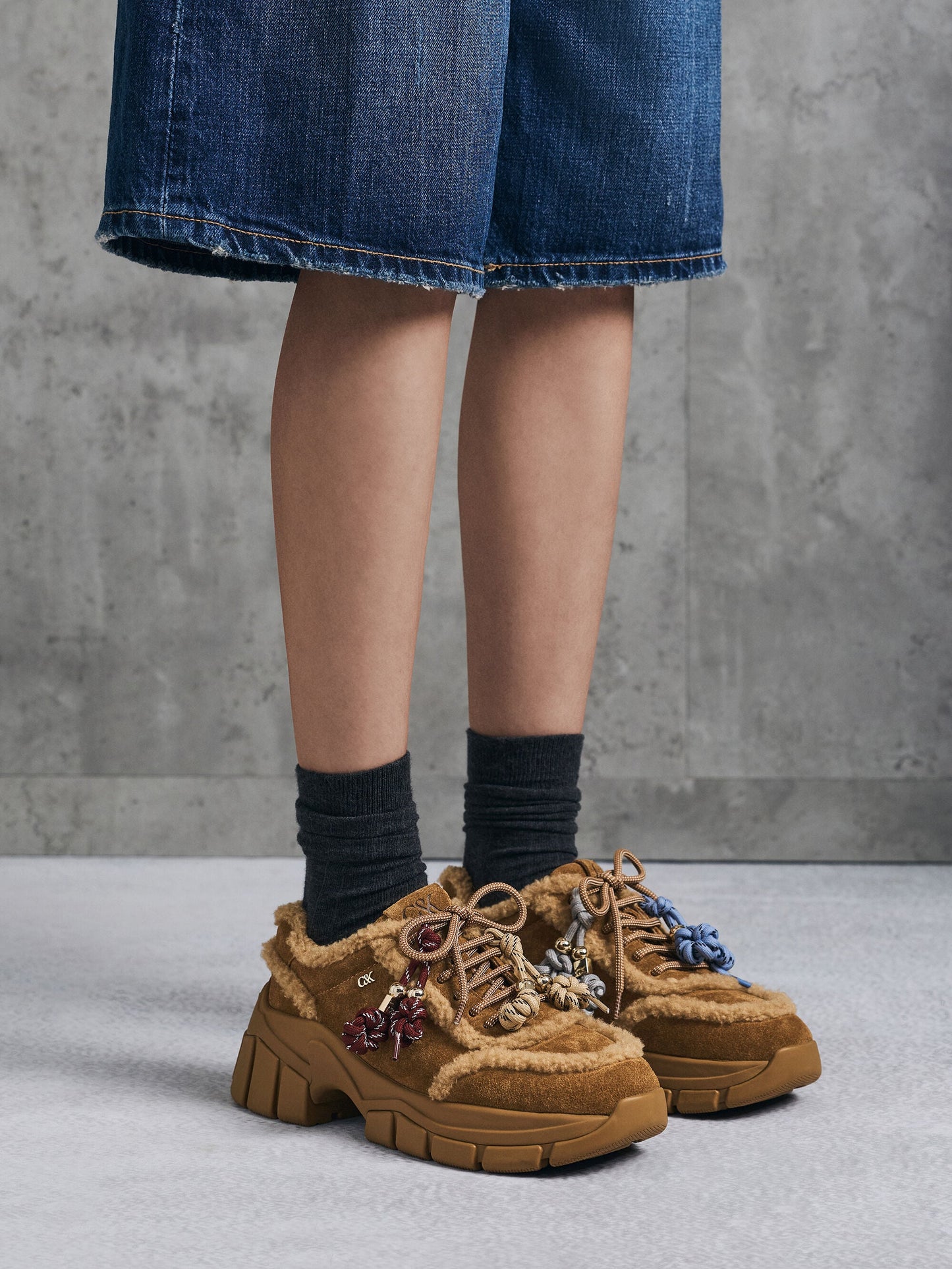 Yunna Suede & Faux Shearling Chunky Sneakers - Brown | CHARLES & KEITH