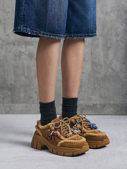 Yunna Suede & Faux Shearling Chunky Sneakers - Brown | CHARLES & KEITH