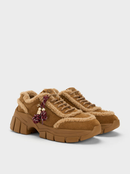Yunna Suede & Faux Shearling Chunky Sneakers - Brown | CHARLES & KEITH