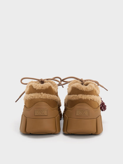 Yunna Suede & Faux Shearling Chunky Sneakers - Brown | CHARLES & KEITH