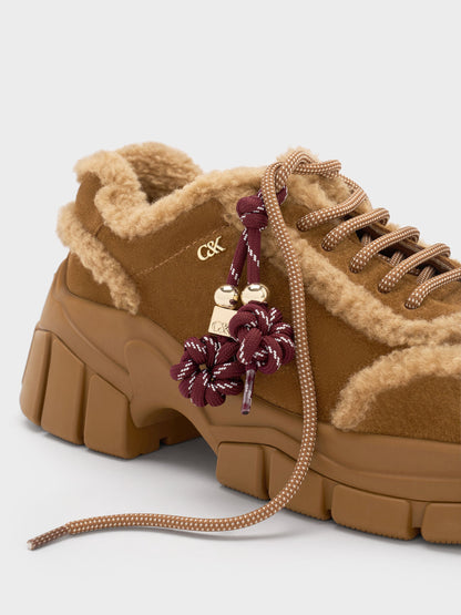 Yunna Suede & Faux Shearling Chunky Sneakers - Brown | CHARLES & KEITH