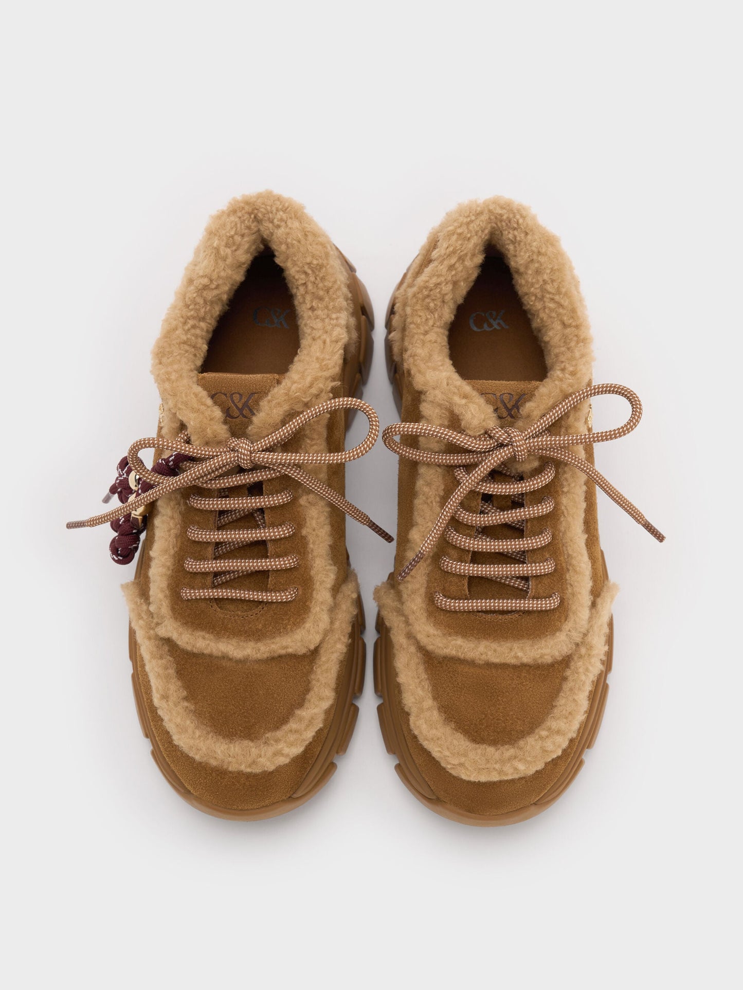 Yunna Suede & Faux Shearling Chunky Sneakers - Brown | CHARLES & KEITH