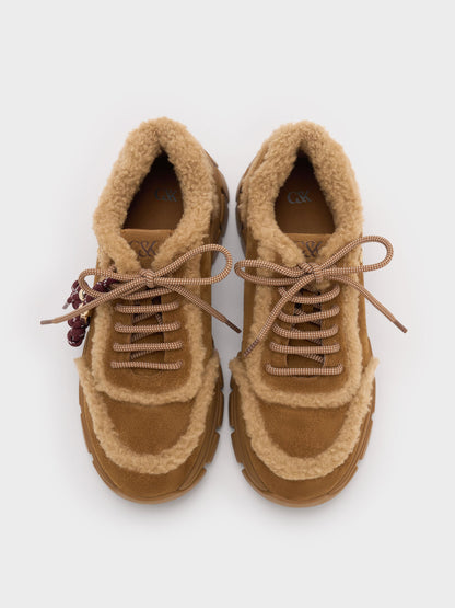 Yunna Suede & Faux Shearling Chunky Sneakers - Brown | CHARLES & KEITH