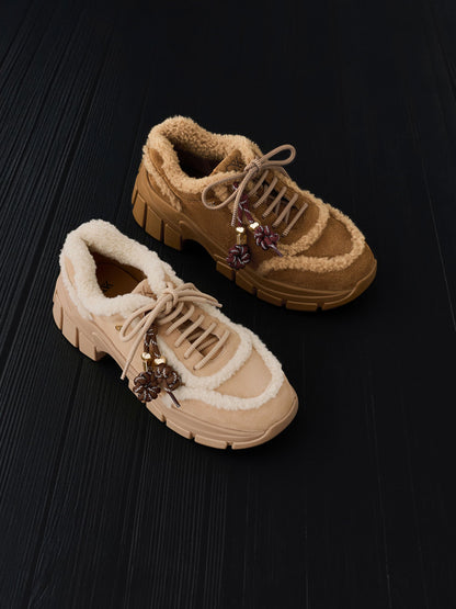 Yunna Suede & Faux Shearling Chunky Sneakers - Brown | CHARLES & KEITH