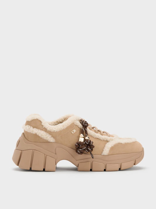Yunna Suede & Faux Shearling Chunky Sneakers - Beige | CHARLES & KEITH