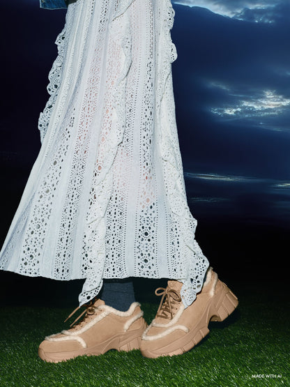 Yunna Suede & Faux Shearling Chunky Sneakers - Beige | CHARLES & KEITH