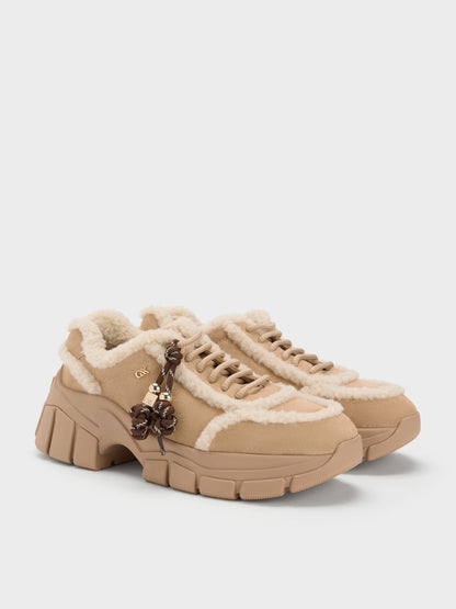 Yunna Suede & Faux Shearling Chunky Sneakers - Beige | CHARLES & KEITH