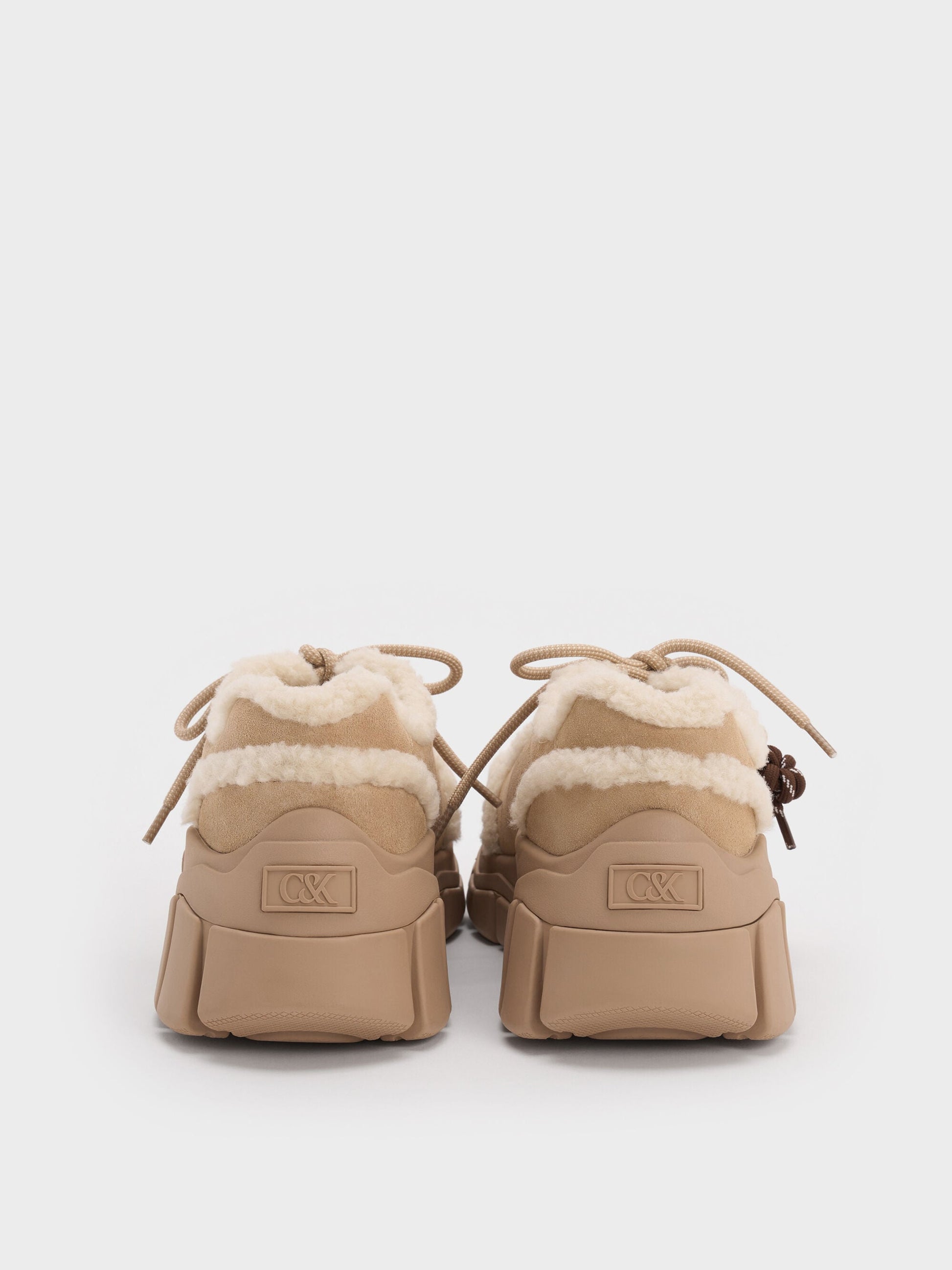 Yunna Suede & Faux Shearling Chunky Sneakers - Beige | CHARLES & KEITH