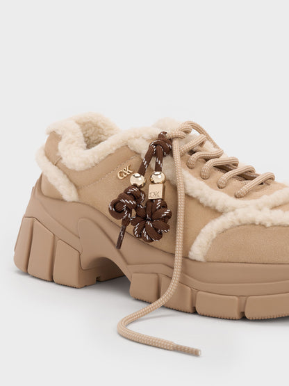 Yunna Suede & Faux Shearling Chunky Sneakers - Beige | CHARLES & KEITH
