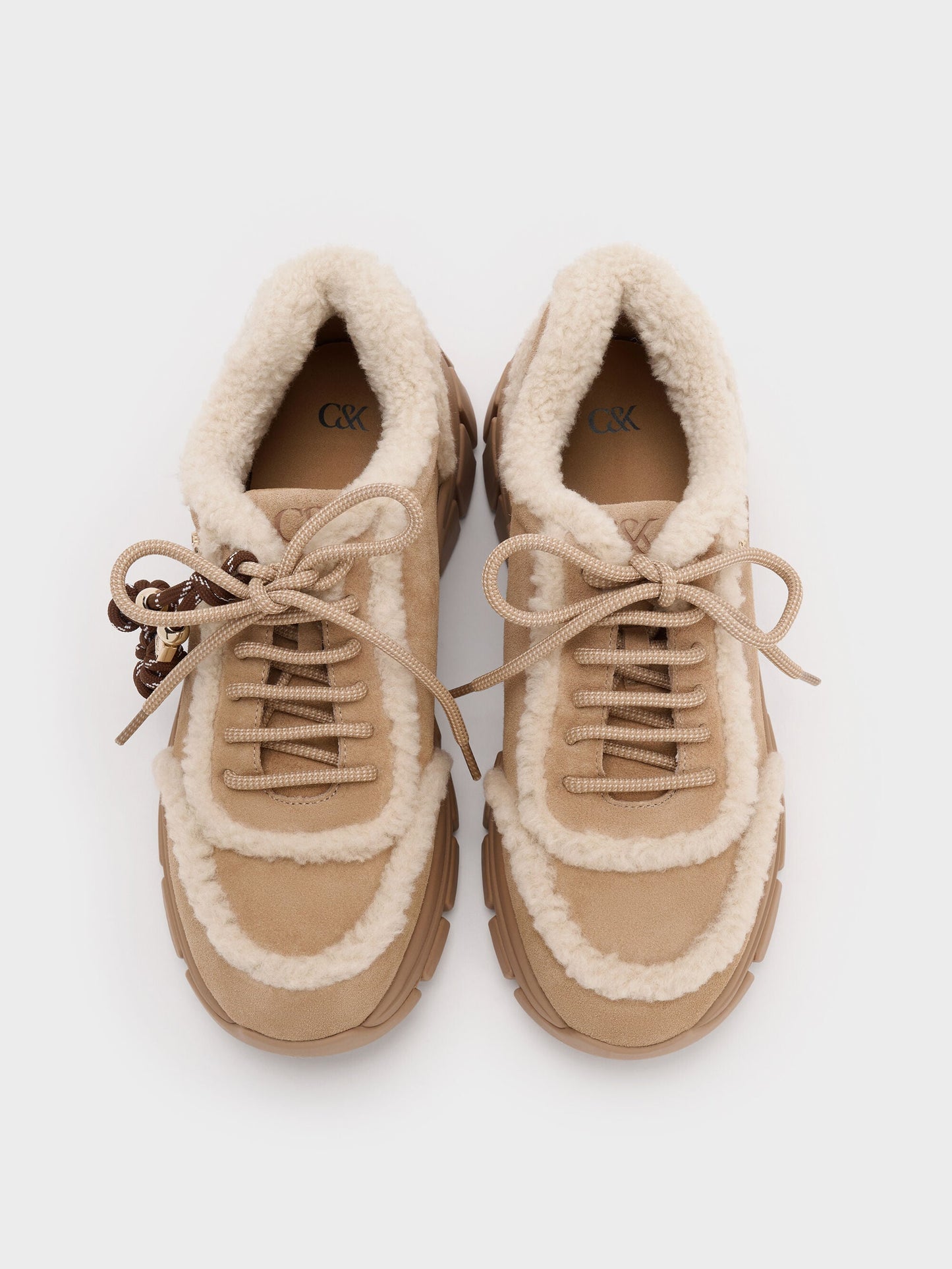 Yunna Suede & Faux Shearling Chunky Sneakers - Beige | CHARLES & KEITH