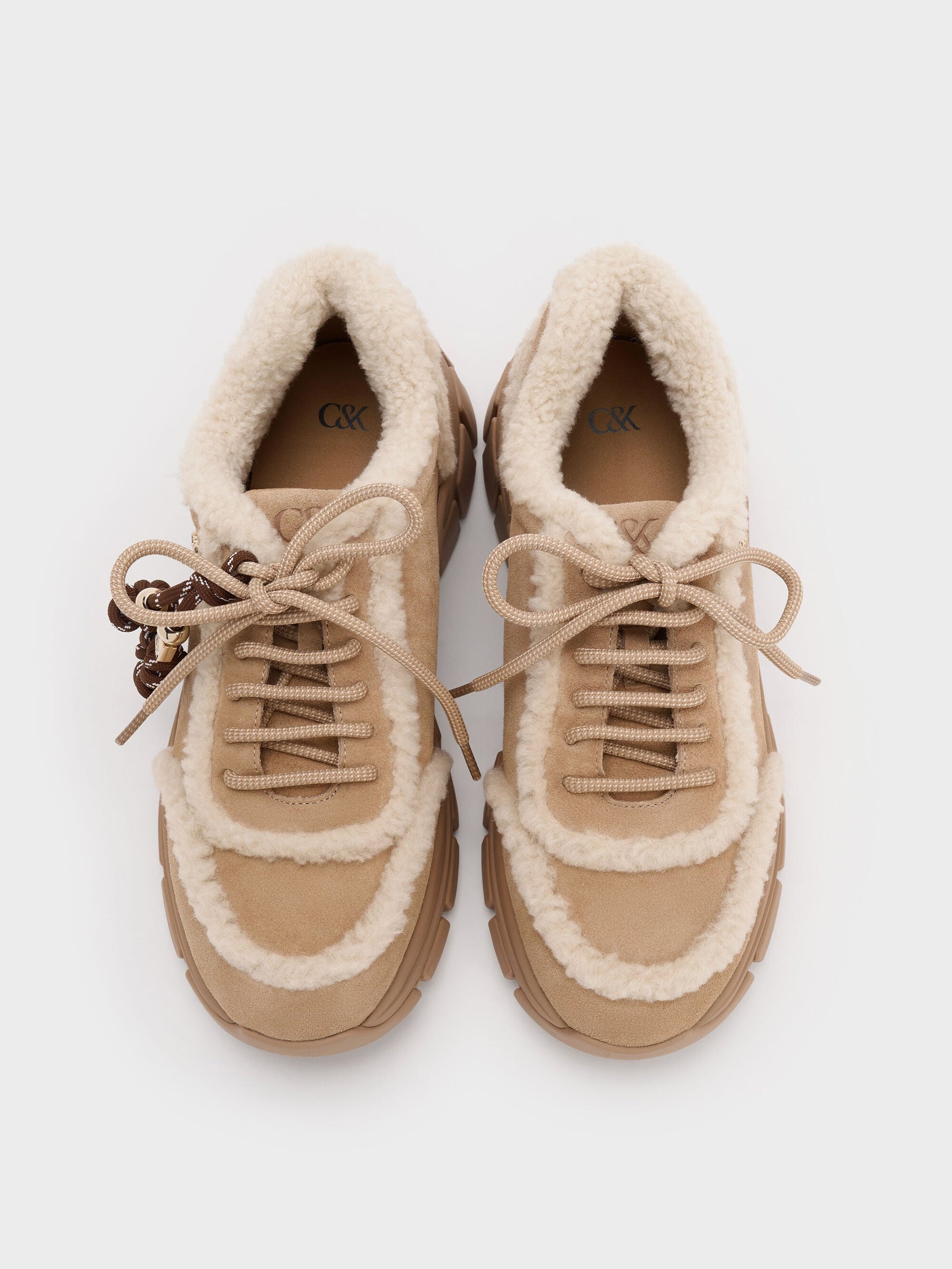Yunna Suede & Faux Shearling Chunky Sneakers - Beige | CHARLES & KEITH