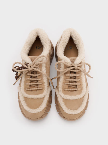 Yunna Suede & Faux Shearling Chunky Sneakers - Beige | CHARLES & KEITH