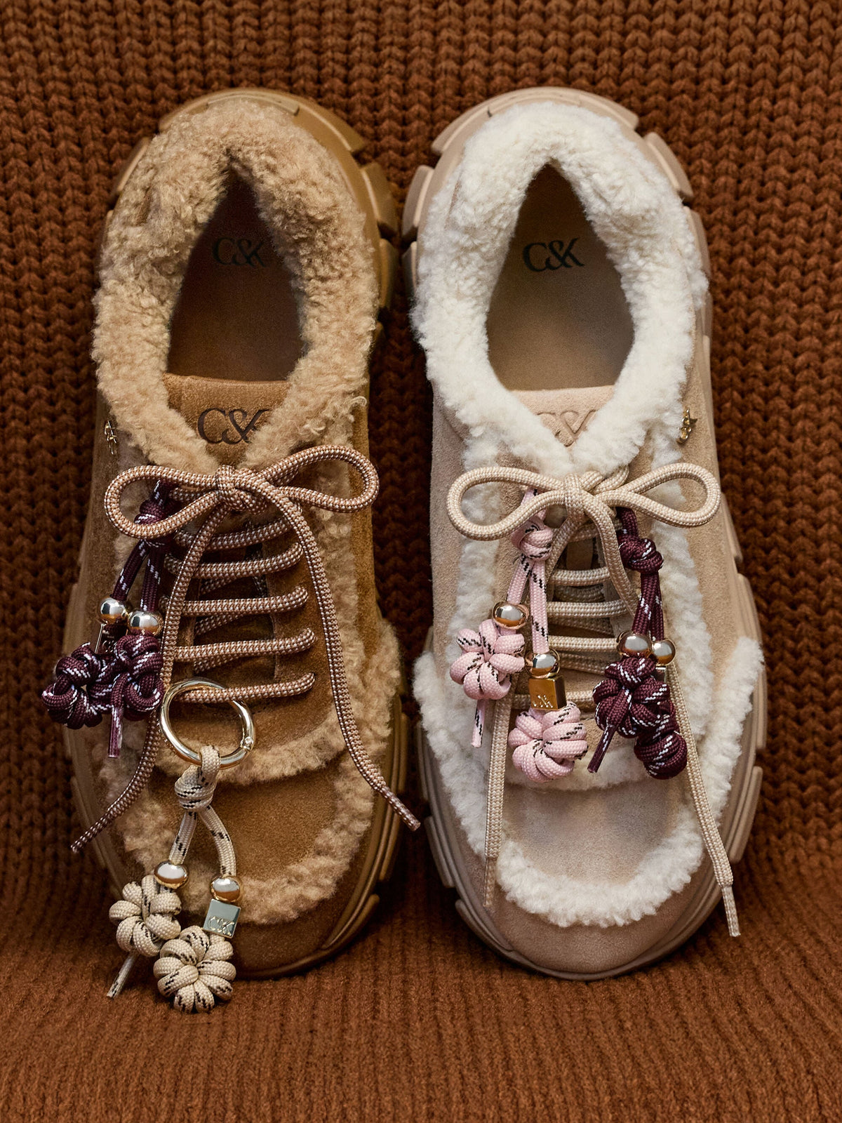 Yunna Suede & Faux Shearling Chunky Sneakers - Beige | CHARLES & KEITH