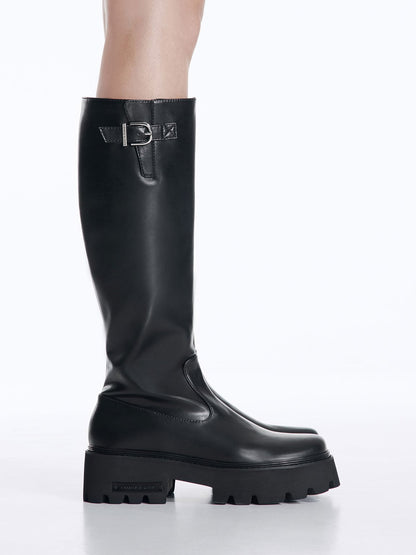 Imogen Side-Buckle Chunky Knee-High Boots - Black | CHARLES & KEITH