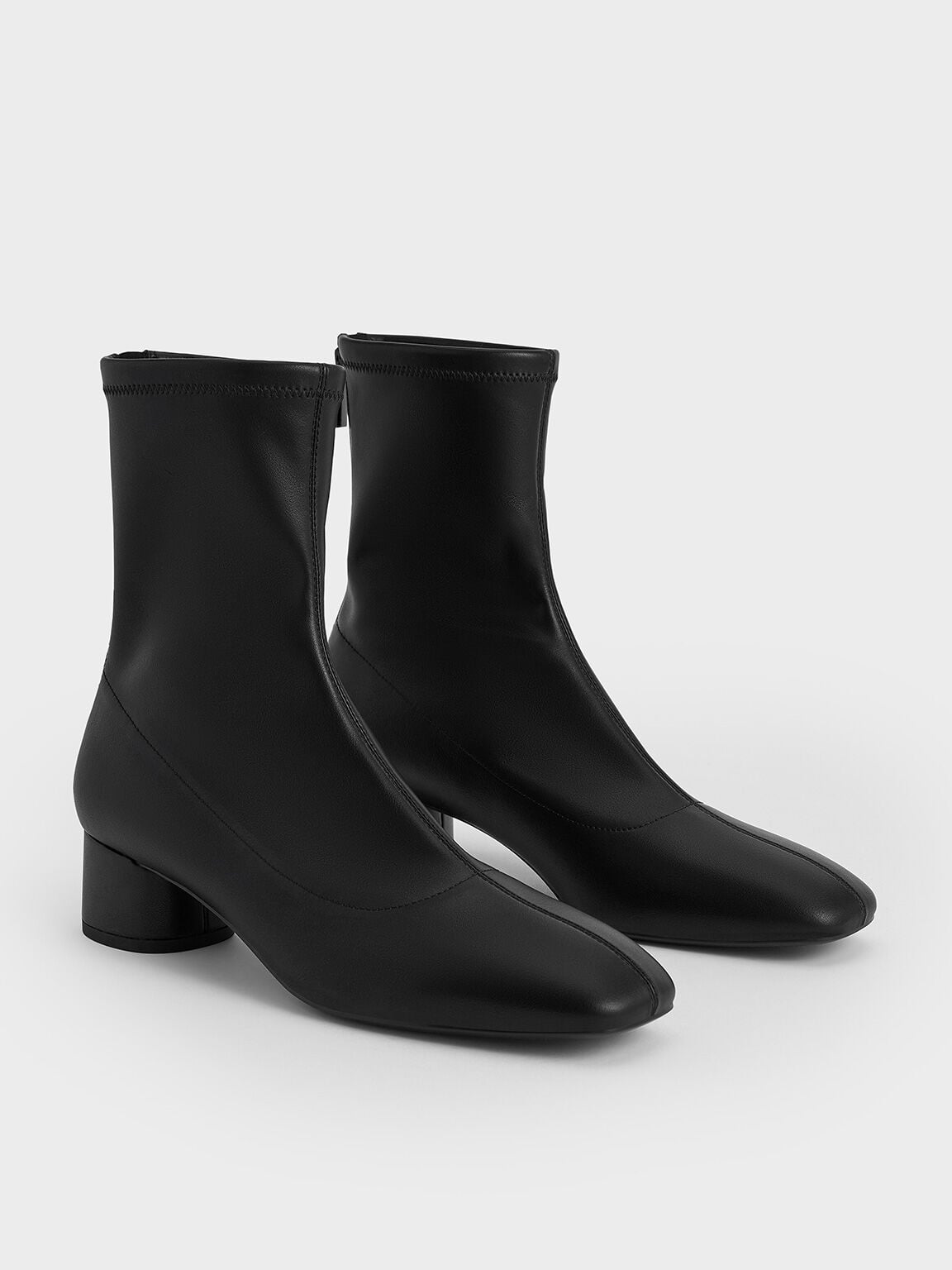 Stitch-Trim Heeled Ankle Boots - Black | CHARLES & KEITH