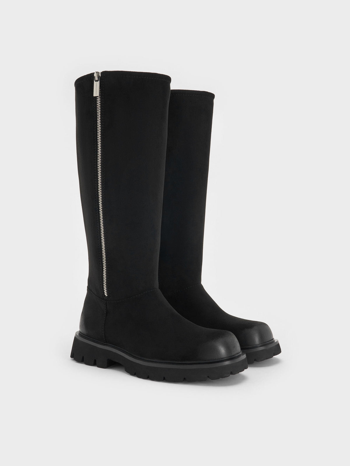 Rosamond Faux Suede Knee-High Boots - Black Textured | CHARLES & KEITH