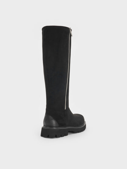 Rosamond Faux Suede Knee-High Boots - Black Textured | CHARLES & KEITH