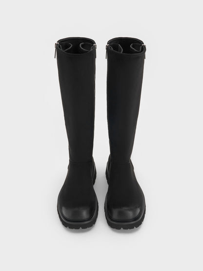 Rosamond Faux Suede Knee-High Boots - Black Textured | CHARLES & KEITH