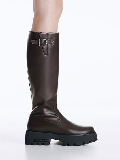 Imogen Side-Buckle Chunky Knee-High Boots - Dark Brown | CHARLES & KEITH