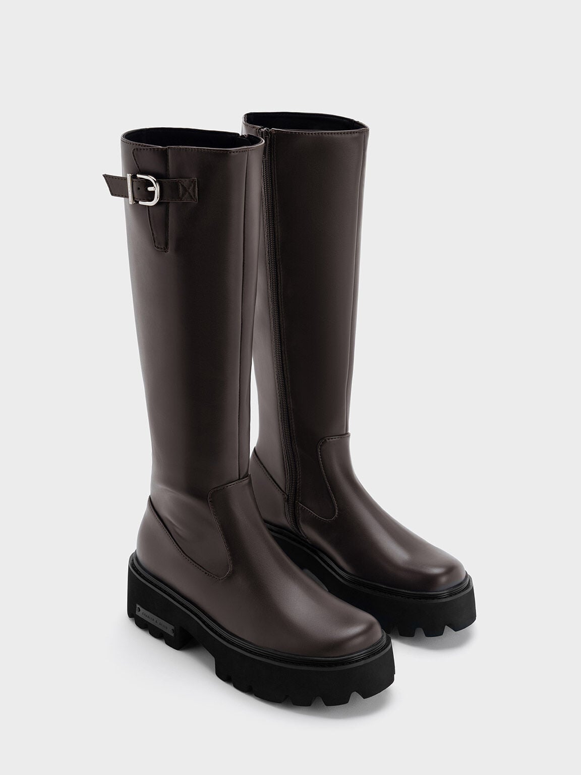 Imogen Side-Buckle Chunky Knee-High Boots - Dark Brown | CHARLES & KEITH