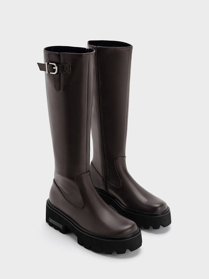Imogen Side-Buckle Chunky Knee-High Boots - Dark Brown | CHARLES & KEITH