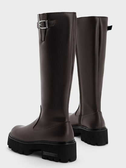 Imogen Side-Buckle Chunky Knee-High Boots - Dark Brown | CHARLES & KEITH