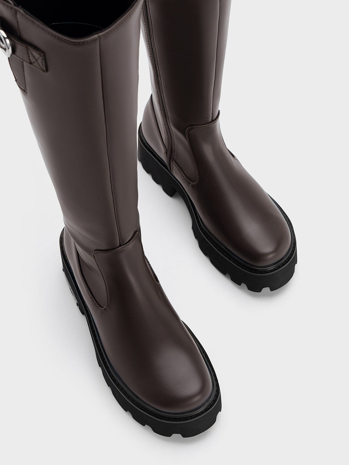 Imogen Side-Buckle Chunky Knee-High Boots - Dark Brown | CHARLES & KEITH