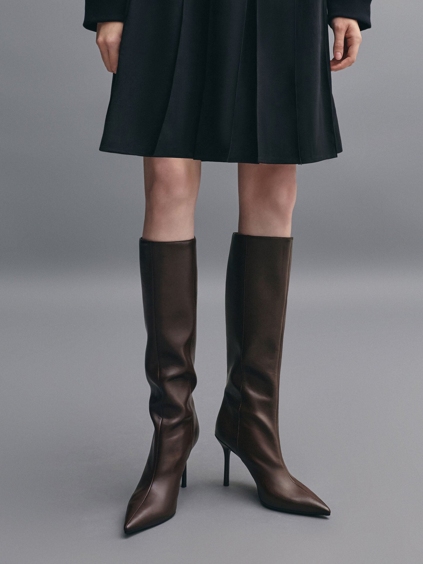Pointed Stiletto Knee-High Boots - Dark Brown | CHARLES & KEITH