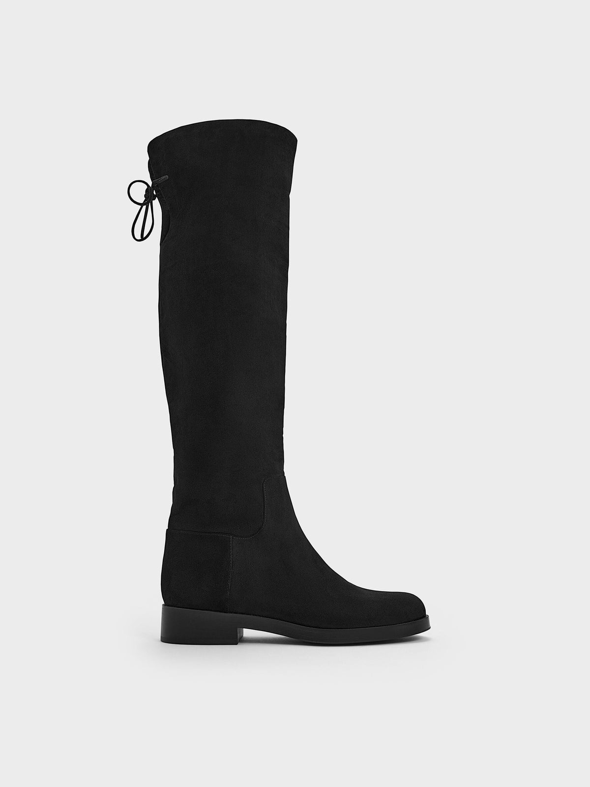 Louisa Faux Suede Fold-Over Thigh-High Boots - Black Textured | CHARLES & KEITH