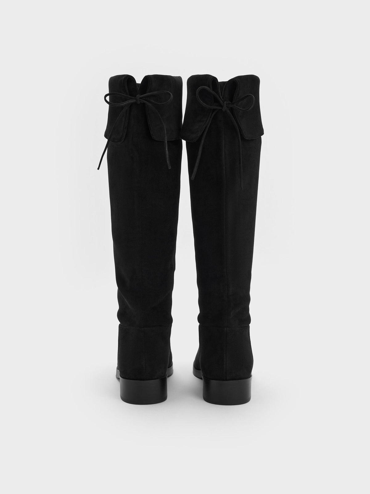 Louisa Faux Suede Fold-Over Thigh-High Boots - Black Textured | CHARLES & KEITH