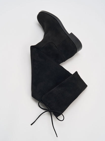 Louisa Faux Suede Fold-Over Thigh-High Boots - Black Textured | CHARLES & KEITH