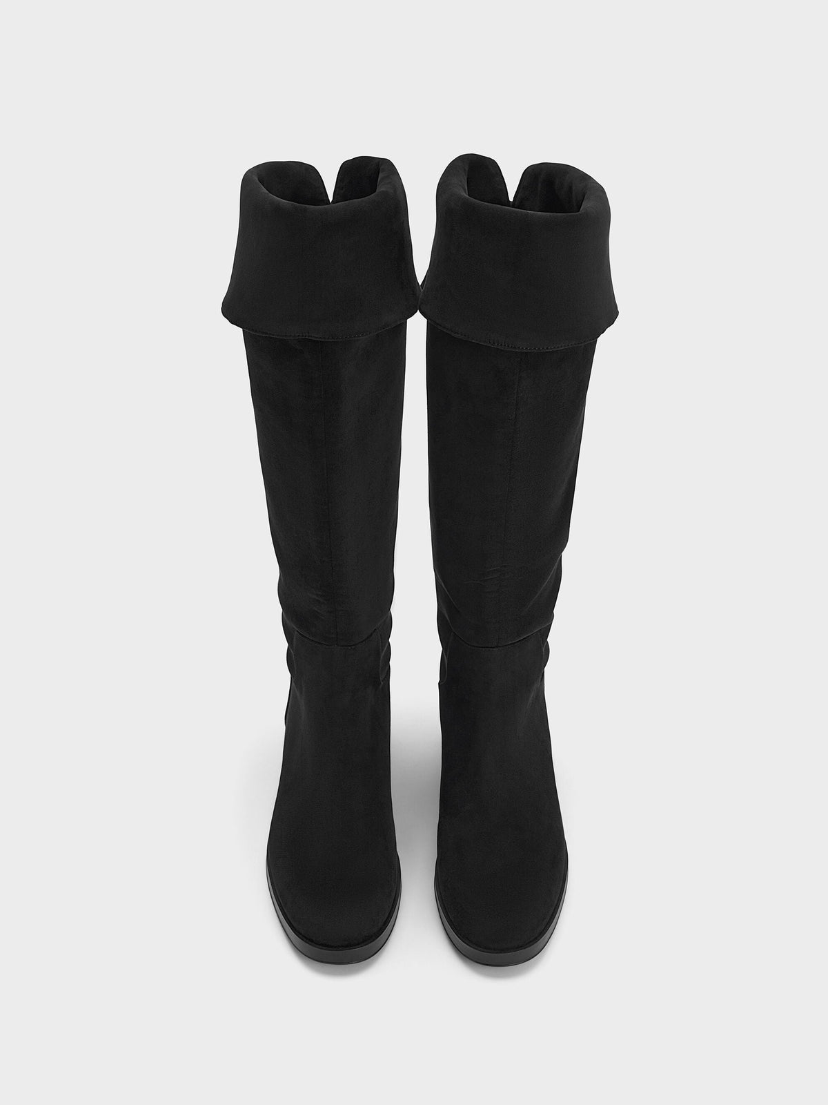 Louisa Faux Suede Fold-Over Thigh-High Boots - Black Textured | CHARLES & KEITH
