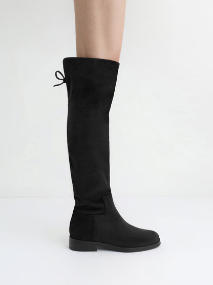 Louisa Faux Suede Fold-Over Thigh-High Boots - Black Textured | CHARLES & KEITH