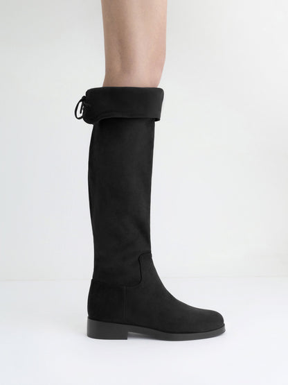 Louisa Faux Suede Fold-Over Thigh-High Boots - Black Textured | CHARLES & KEITH