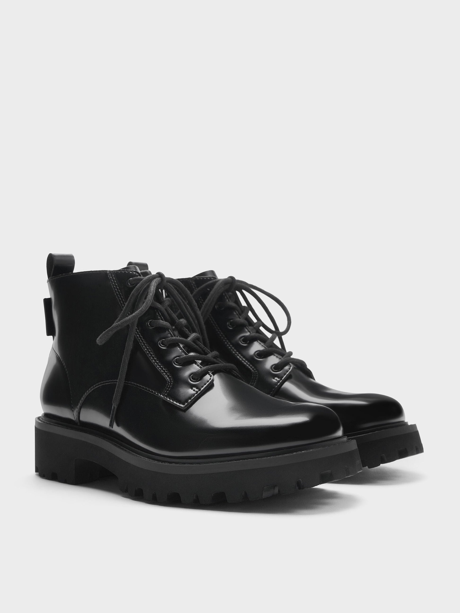 Ridged-Sole Side-Zip Combat Boots - Black Box | CHARLES & KEITH