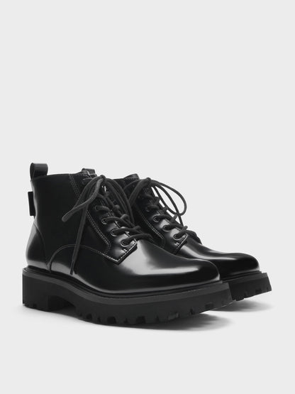 Ridged-Sole Side-Zip Combat Boots - Black Box | CHARLES & KEITH