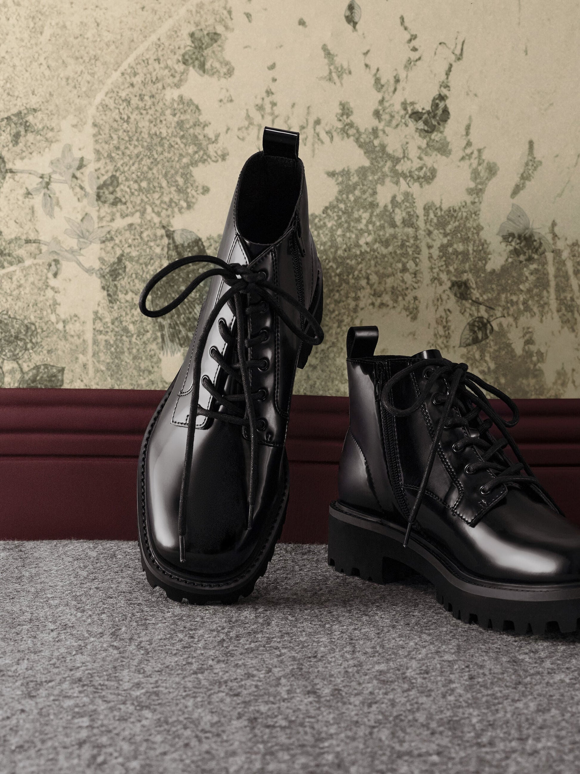 Ridged-Sole Side-Zip Combat Boots - Black Box | CHARLES & KEITH