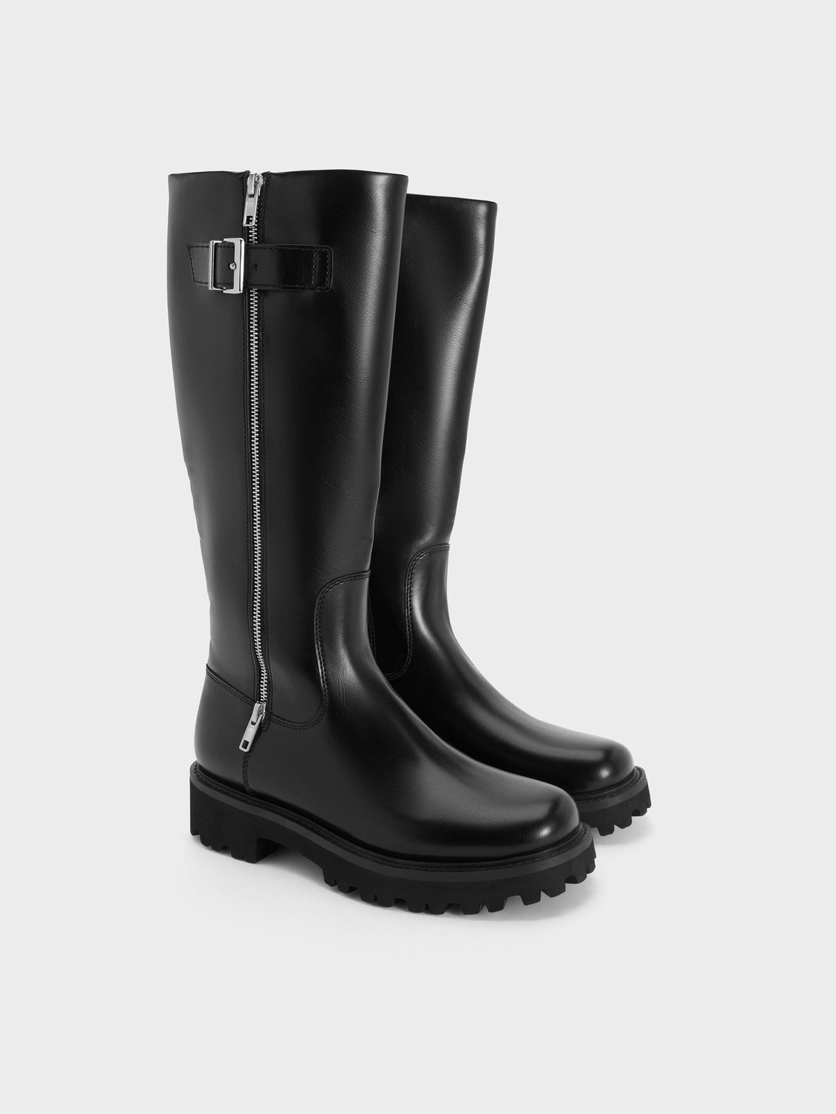 Lyndon Buckled Knee-High Boots - Black | CHARLES & KEITH
