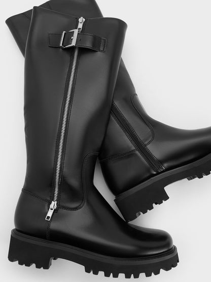 Lyndon Buckled Knee-High Boots - Black | CHARLES & KEITH