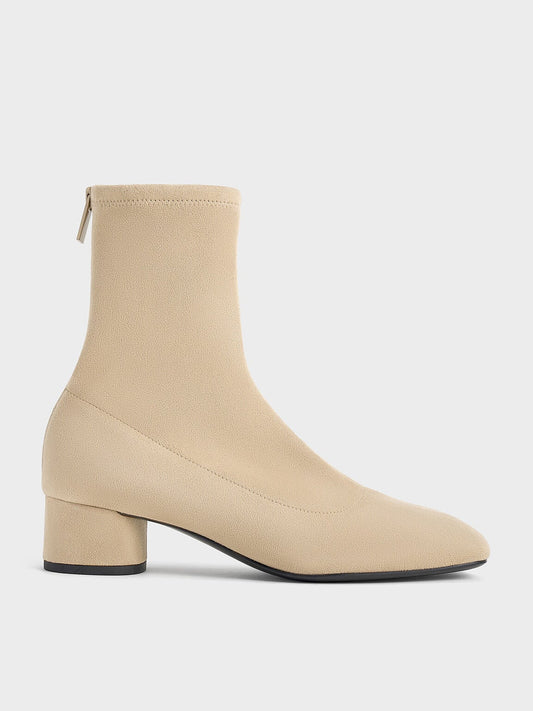 Faux Suede Stitch-Trim Heeled Ankle Boots - Sand | CHARLES & KEITH