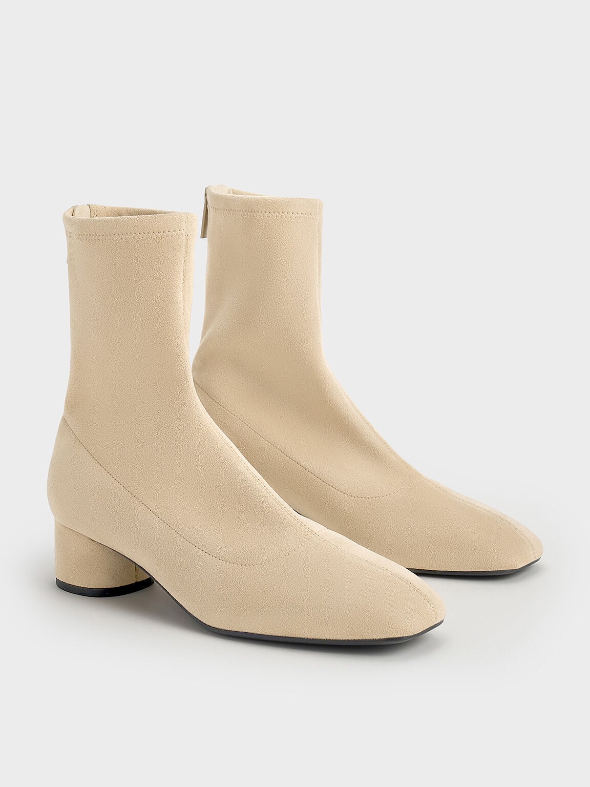 Faux Suede Stitch-Trim Heeled Ankle Boots - Sand | CHARLES & KEITH