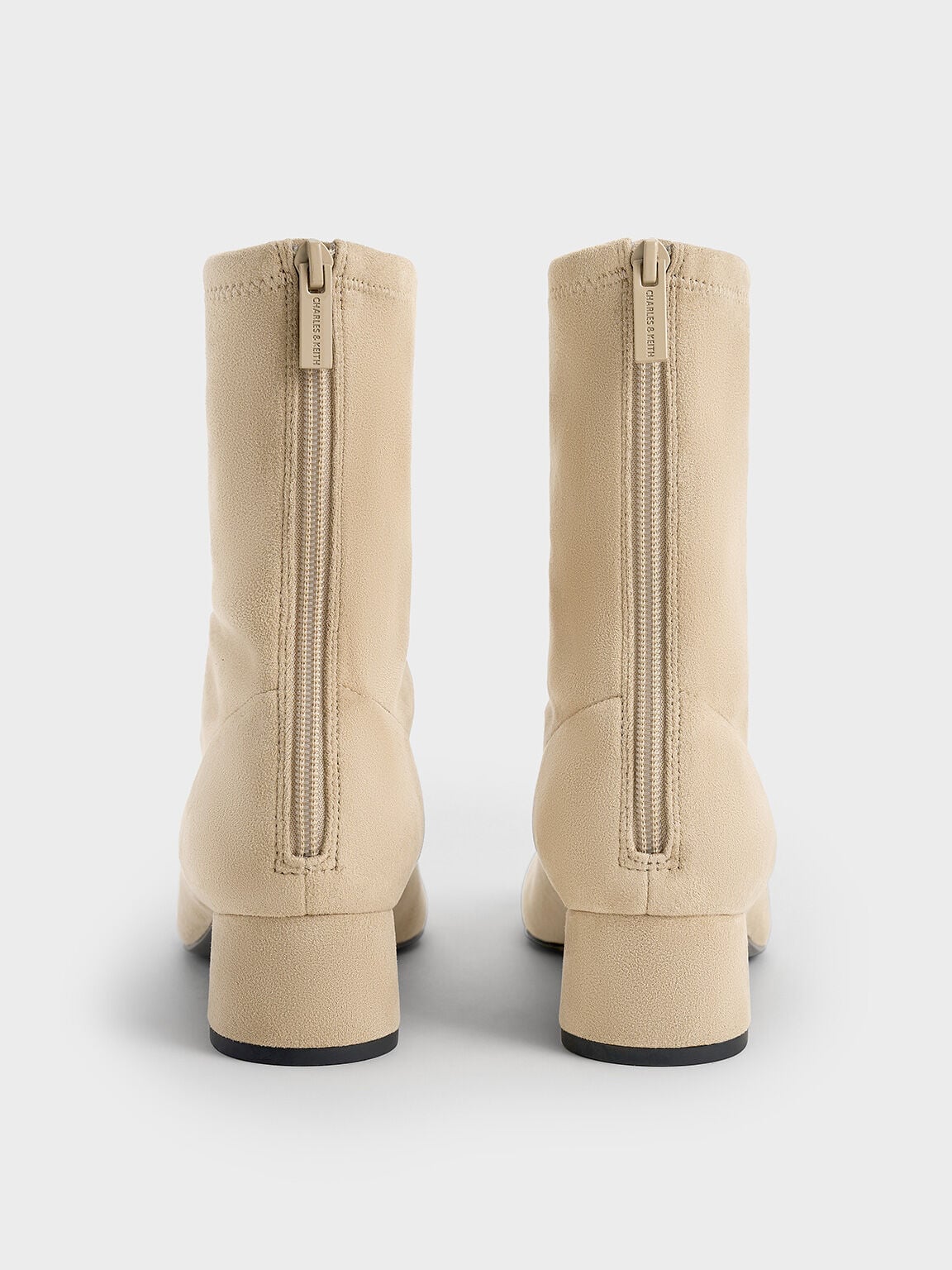 Faux Suede Stitch-Trim Heeled Ankle Boots - Sand | CHARLES & KEITH