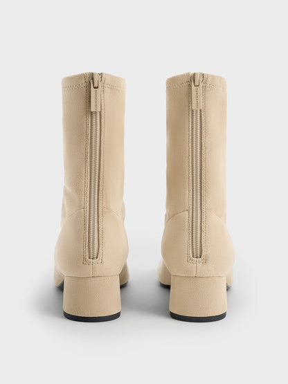 Faux Suede Stitch-Trim Heeled Ankle Boots - Sand | CHARLES & KEITH